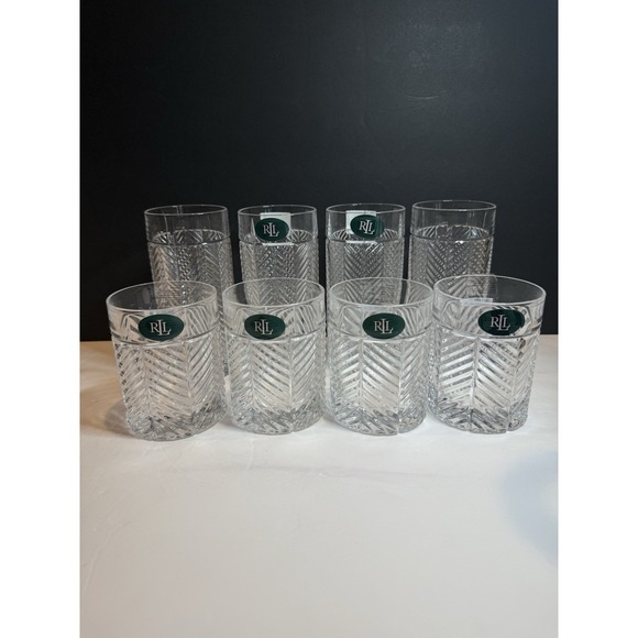 Ralph Lauren RLL Crystal Herringbone Highball & Old Fashioned Glasses Set of 8 - Picture 1 of 9